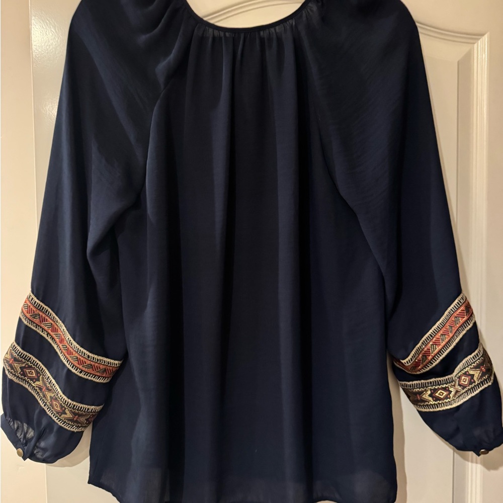 Chico's Blue Embellished long Sleeve Blouse with Mandarin Collar - Picture 4 of 6